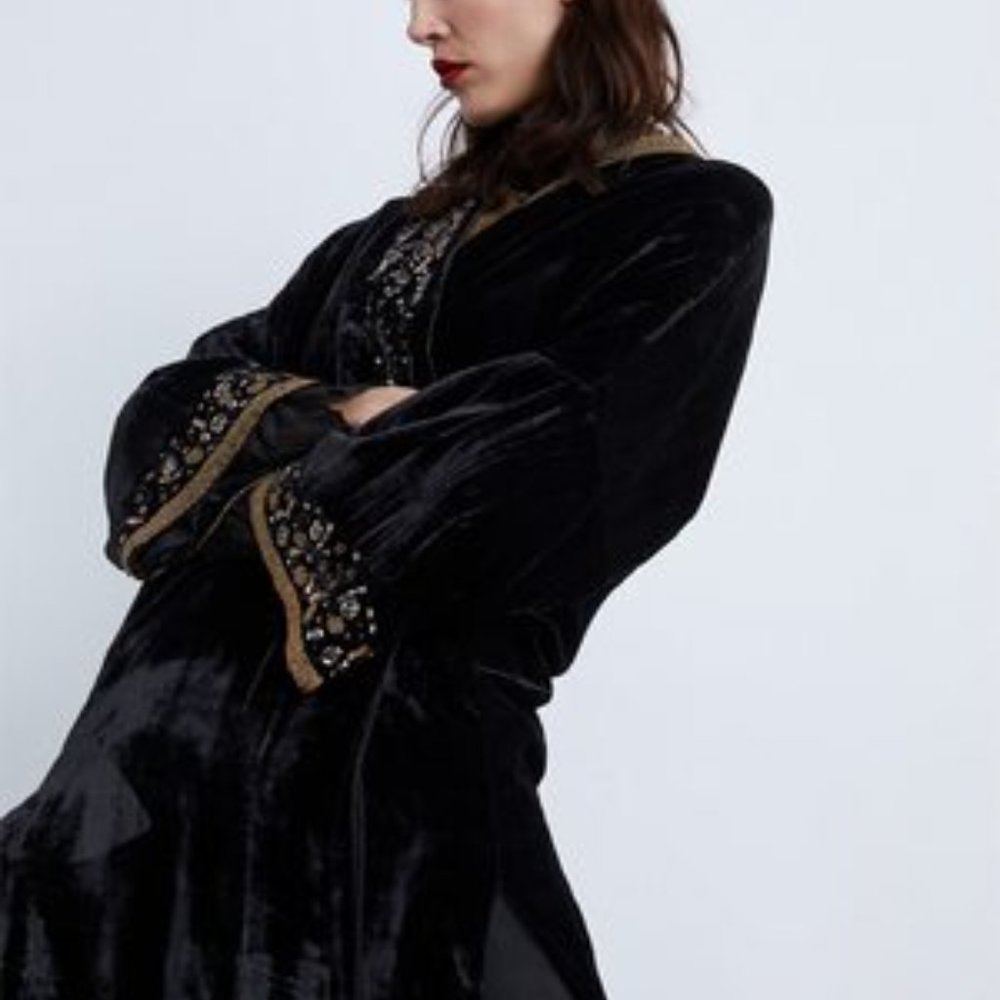 Zara Embroidered Kimono + Velvet Look Skirt